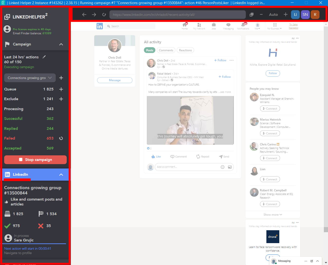 The whole Linked Helper panel (left) sits outside the LinkedIn page — not injected into it.