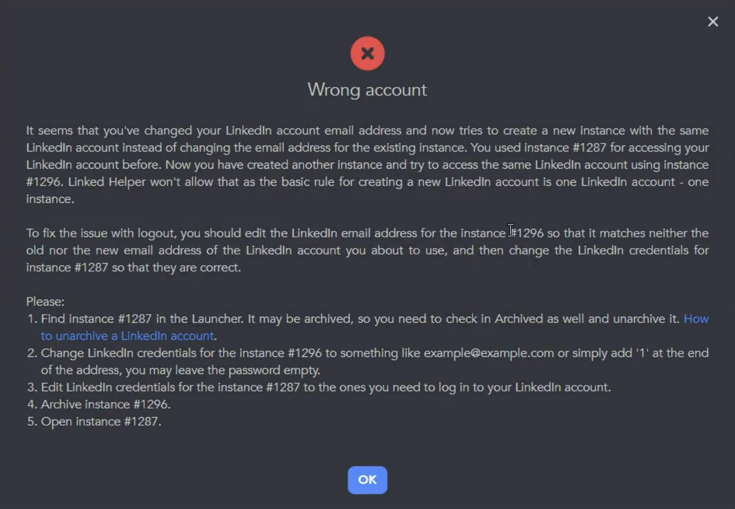 Trying to reuse instance #1287’s session for a new account triggers a logout, not a silent session swap.
