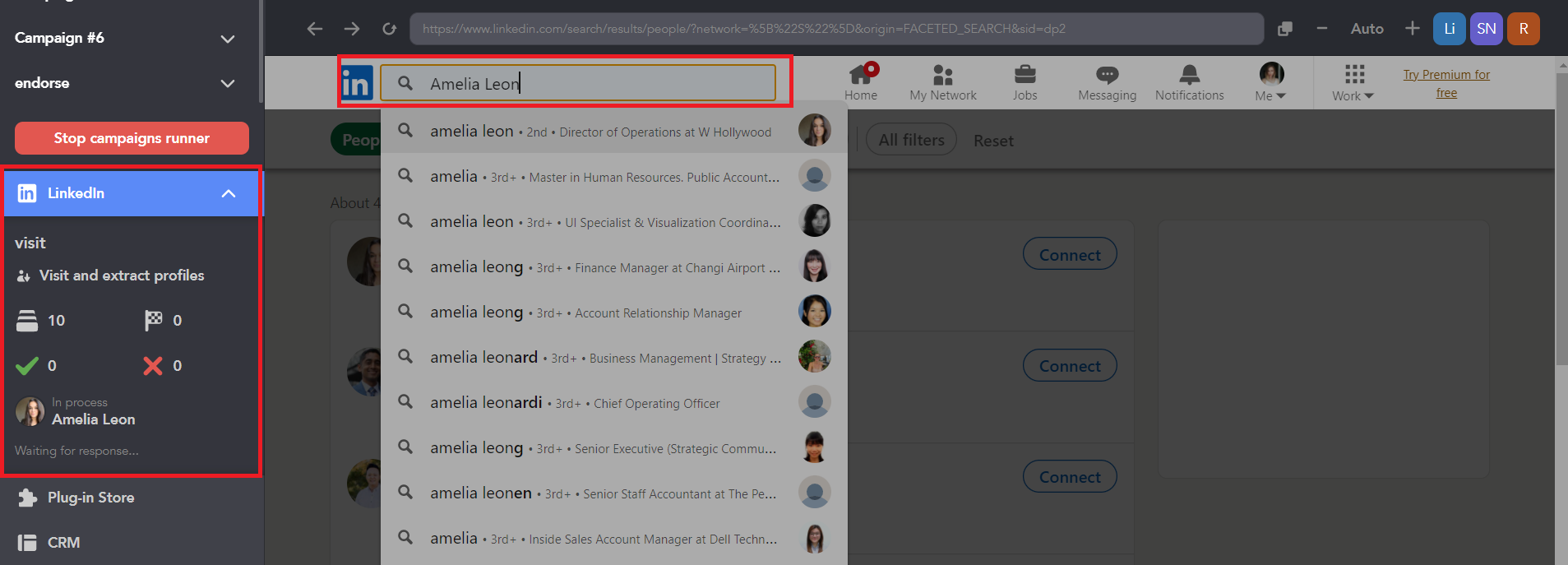 It searches and clicks — the same path a human takes — instead of opening profile URLs directly.