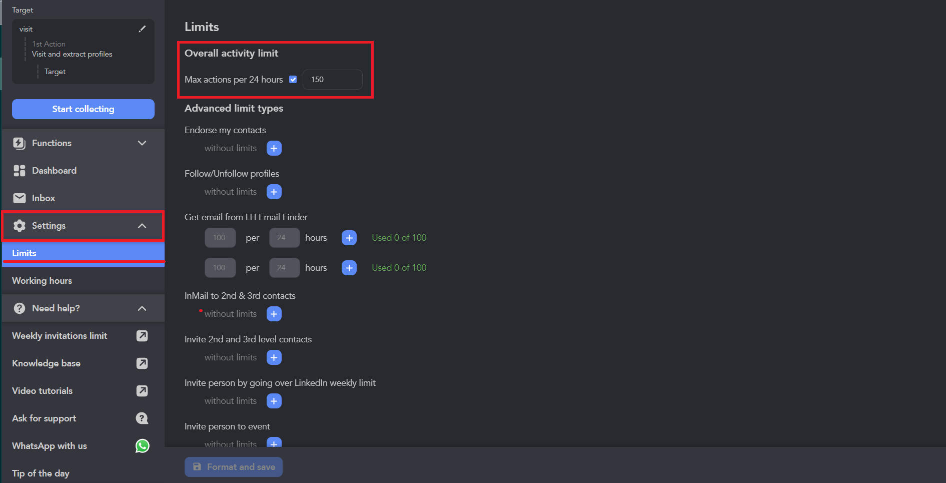 “Max actions per 24 hours” is on by default — a rolling window, not a midnight reset.