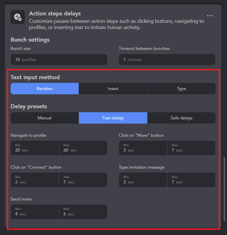 Min/max delays per step, with a Safe-delays preset — no two pauses are identical.