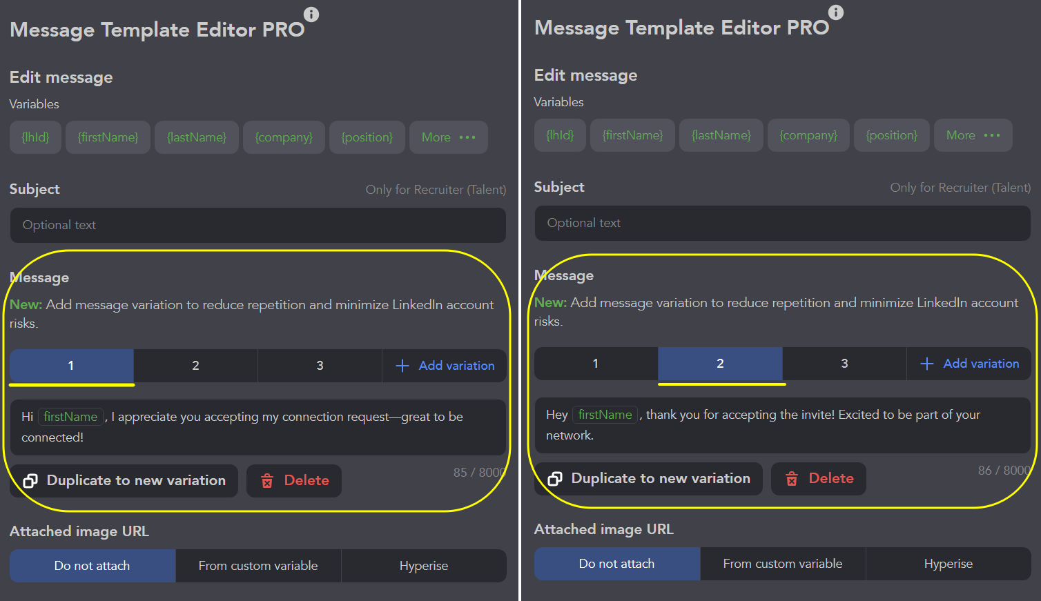 Several message variants per campaign — rotated so the text isn’t identical every time.